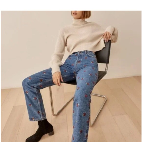 Reformation Mushrooms Embroidered High Rise Straight Leg Jean size 25 - Picture 2 of 9